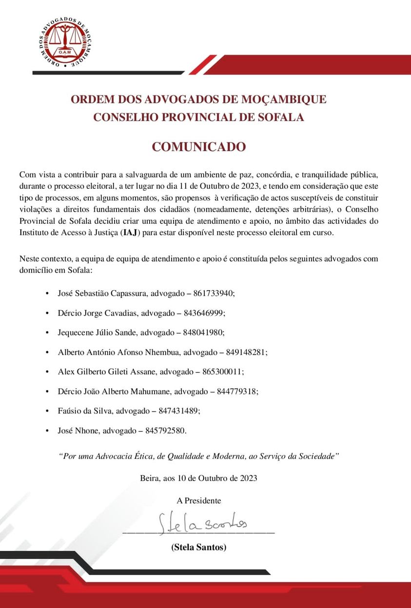 COMUNICADO DA ORDEM DOS ADVOGADOS DE MOÇAMBIQUE